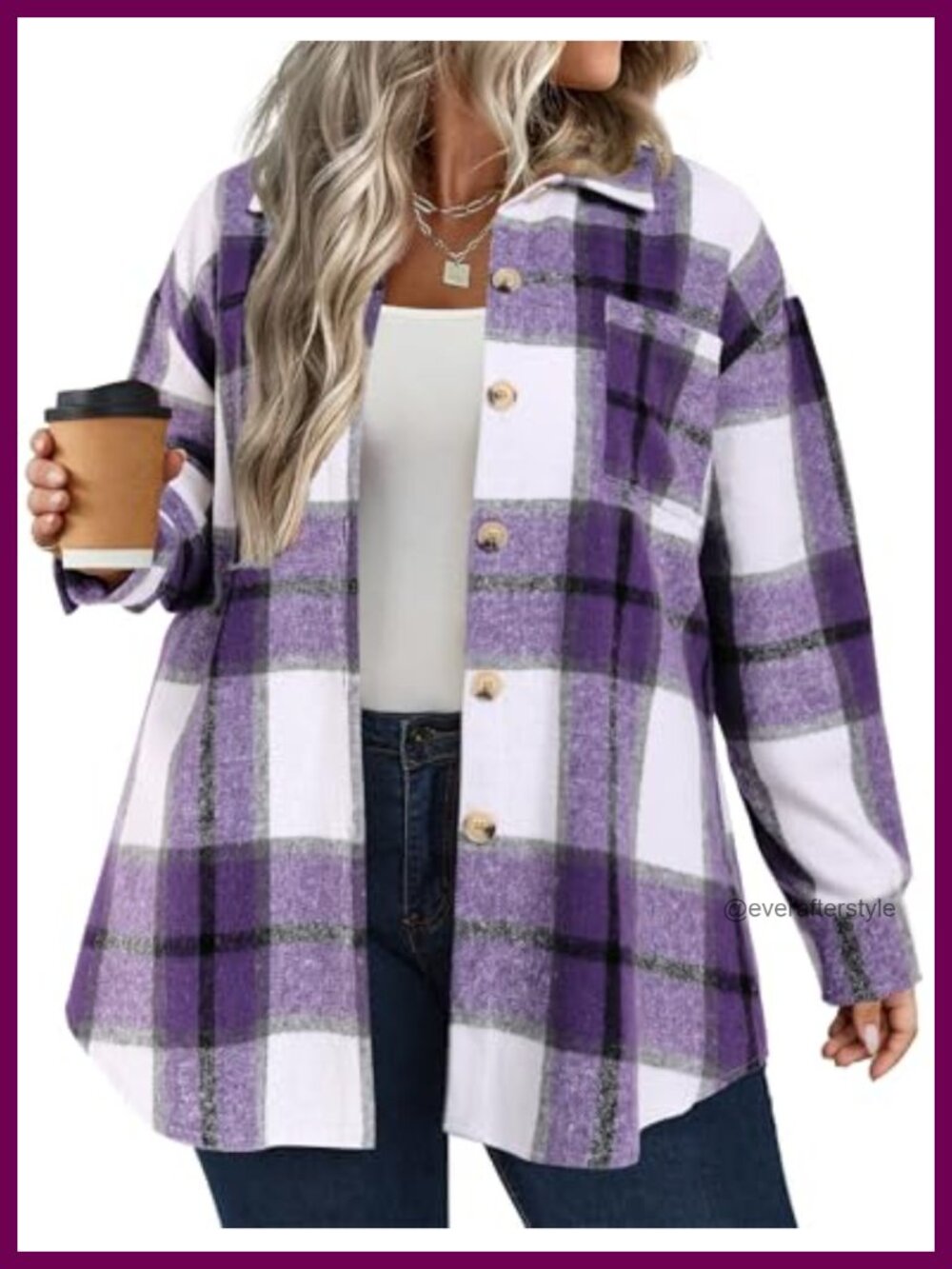 Plus Size Plaid Shacket Button Front Scoop Hem Oversized Casual Jacket